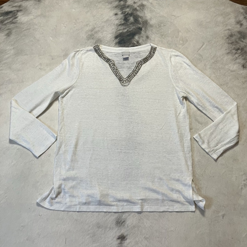 Chicos Shirt Womens Size 1/ Medium White Linen Embellished V Neck Tunic Top